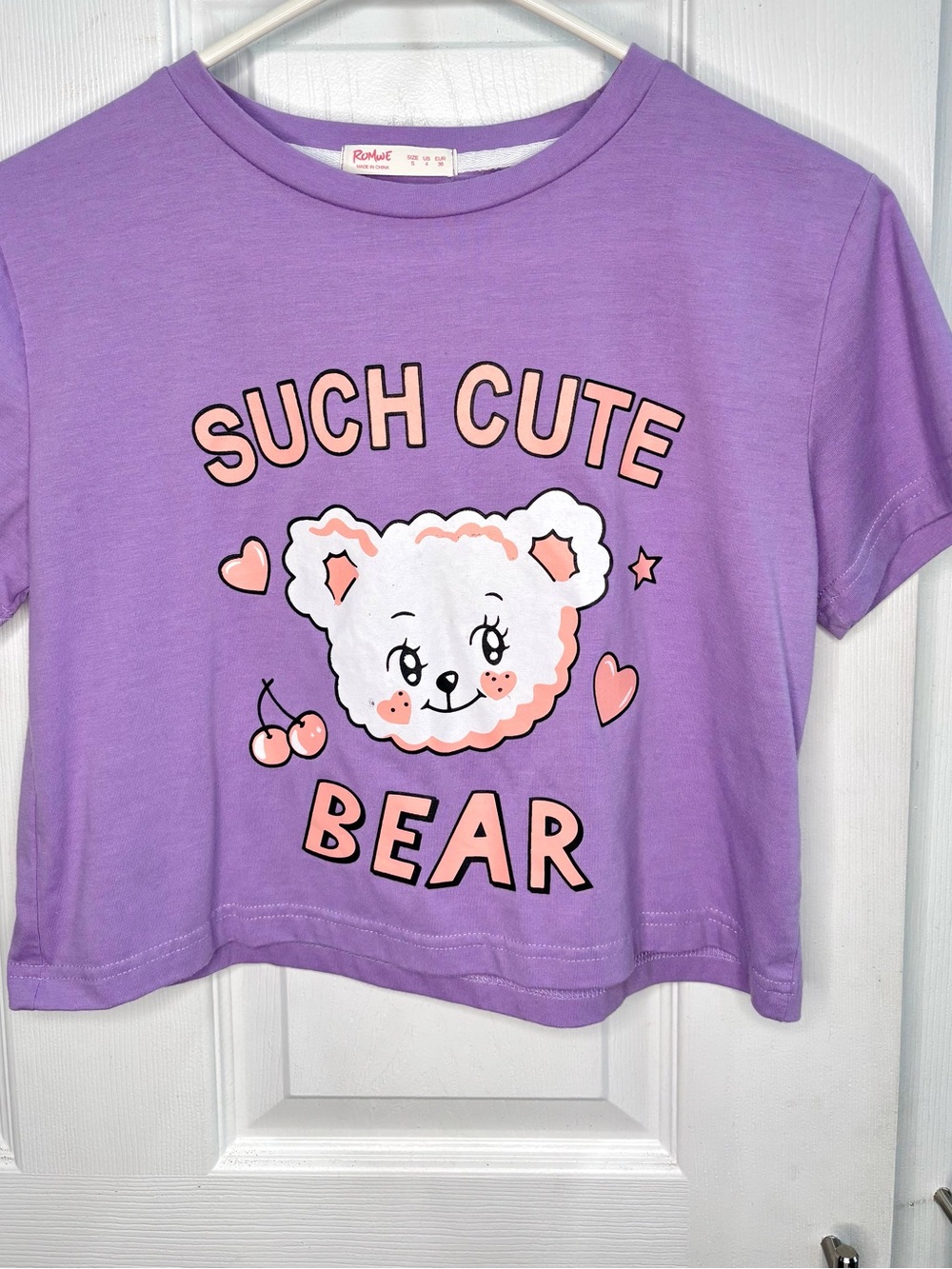 Romwe "Such Cute Bear" Cartoon Purple Graphic Crop Tee